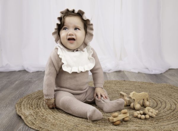 RUFFLED BIB KNIT FOOTIE W/ BONNET - Image 3