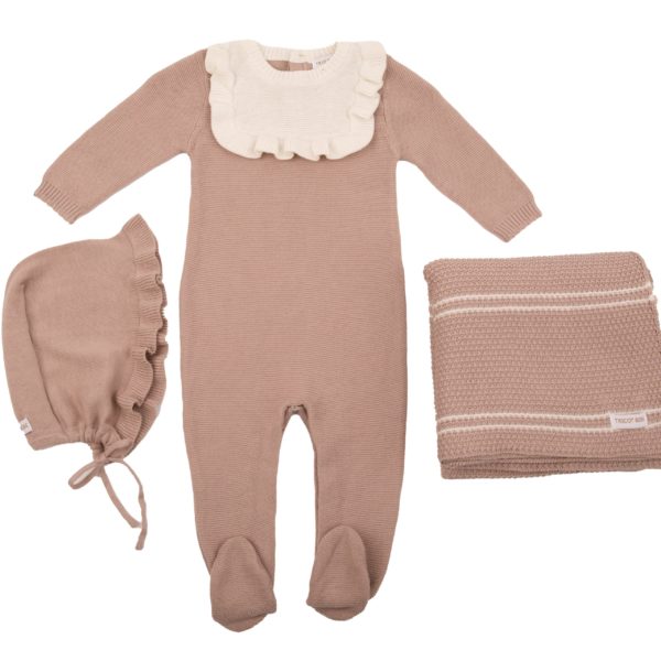 RUFFLED BIB KNIT FOOTIE W/ BONNET
